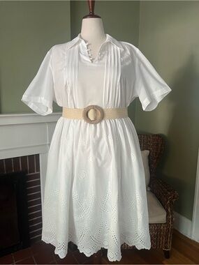 ELOQUII White Cotton Eyelet Midi Dress | Pintuck Shirt Dress | Size 20